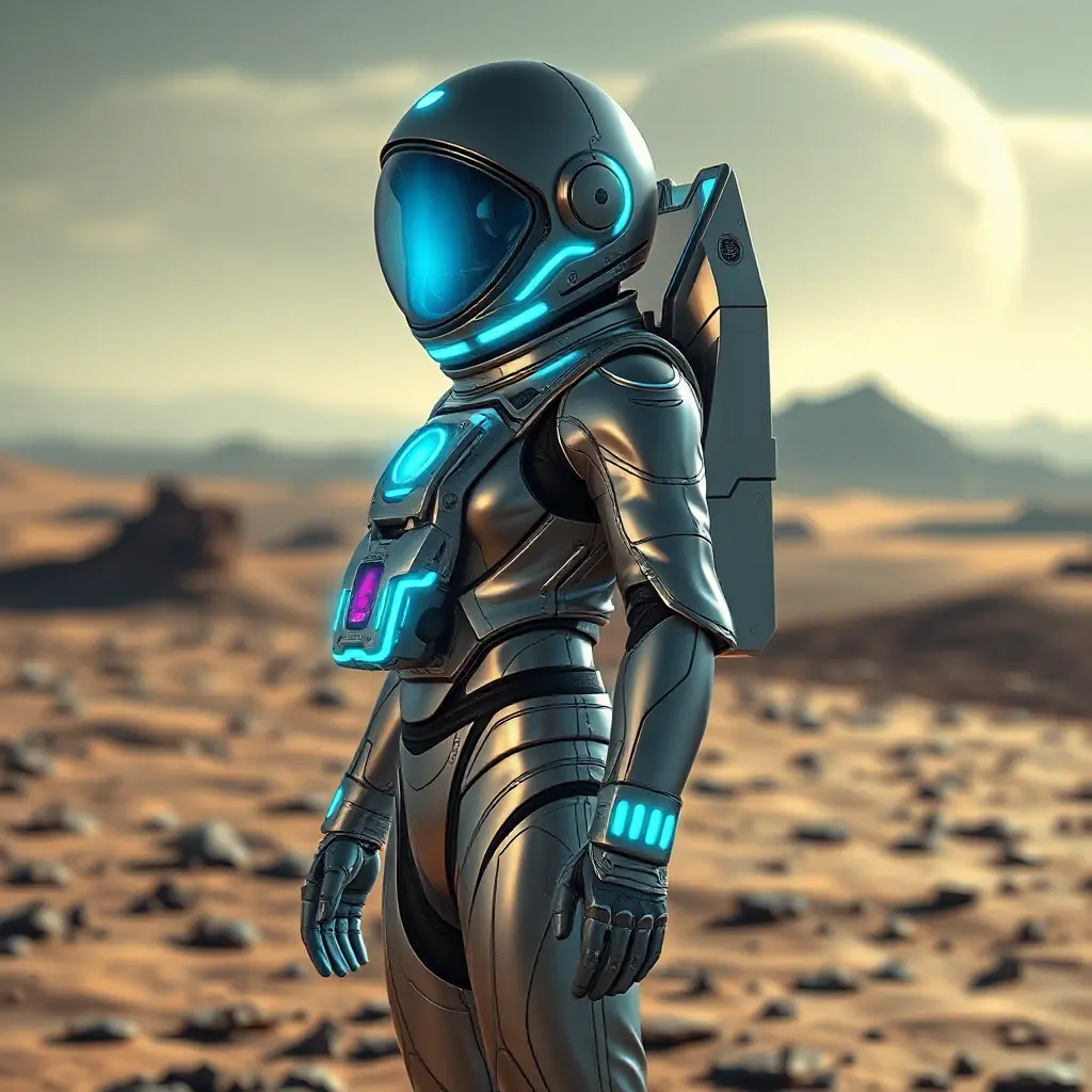 A futuristic astronaut with a sleek, silver spacesuit and a helmet adorned with glowing, neon-blue accents, standing on the surface of a distant, alien planet, Highly Detailed, Half Body, Gorgeous, Stunning, Elegant by Stefan Kostic