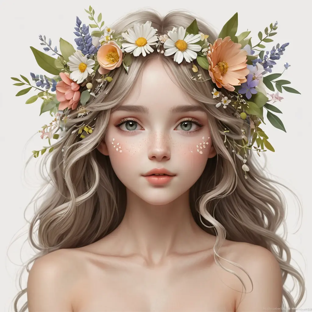 Whimsical woodland nymph with petal-soft skin and a garland of wildflowers, Highly Detailed, Half Body, Gorgeous, Stunning, Elegant by WLOP