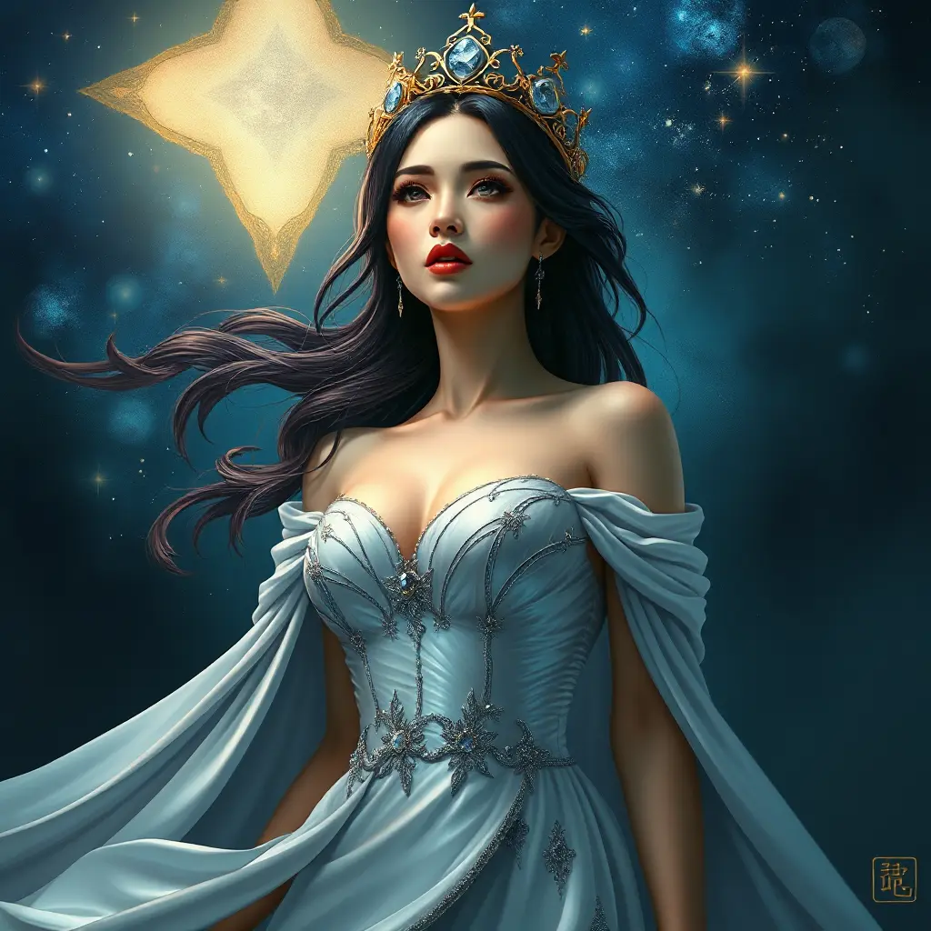 A woman of exquisite elegance, dressed in a gown that mirrors the starlit sky above, with a crown of celestial bodies twinkling upon her head, her presence commanding yet gentle as a whisper on the night wind., Highly Detailed, Half Body, Gorgeous, Stunning, Elegant by Stanley Artgerm Lau