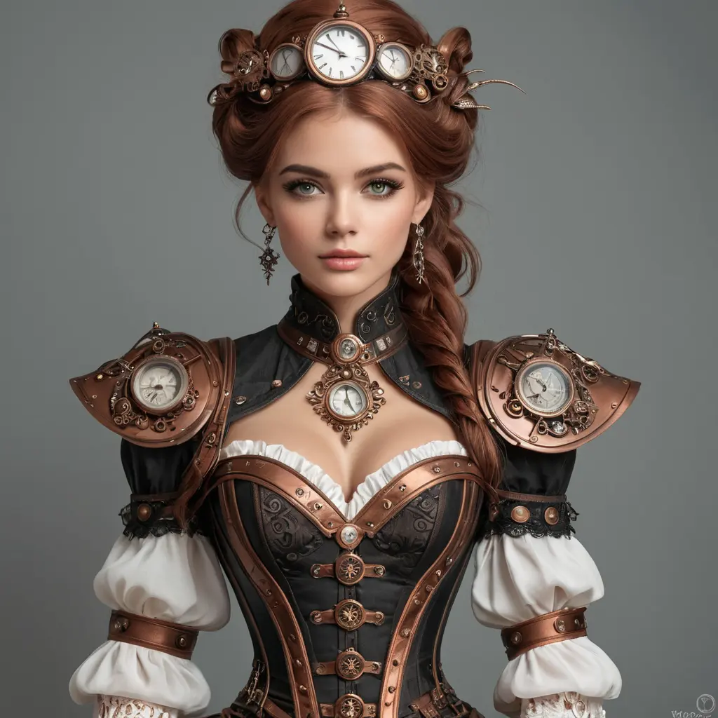 Steampunk enchantress with copper accents and a timepiece-adorned corset, Highly Detailed, Half Body, Gorgeous, Stunning, Elegant by WLOP