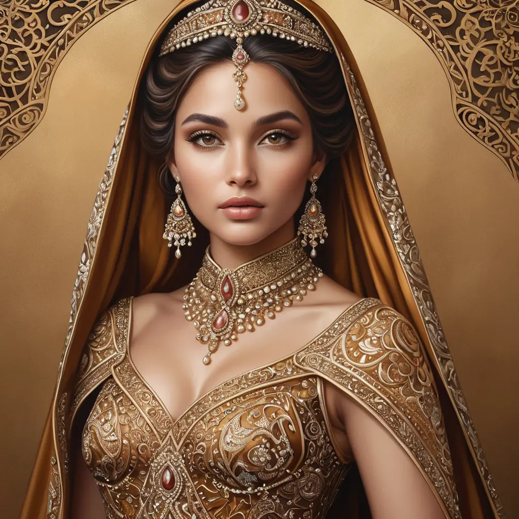 regal queen, draped in luxurious silks, adorned with intricate henna patterns, Highly Detailed, Half Body, Gorgeous, Stunning, Elegant by Stanley Artgerm Lau, Stefan Kostic