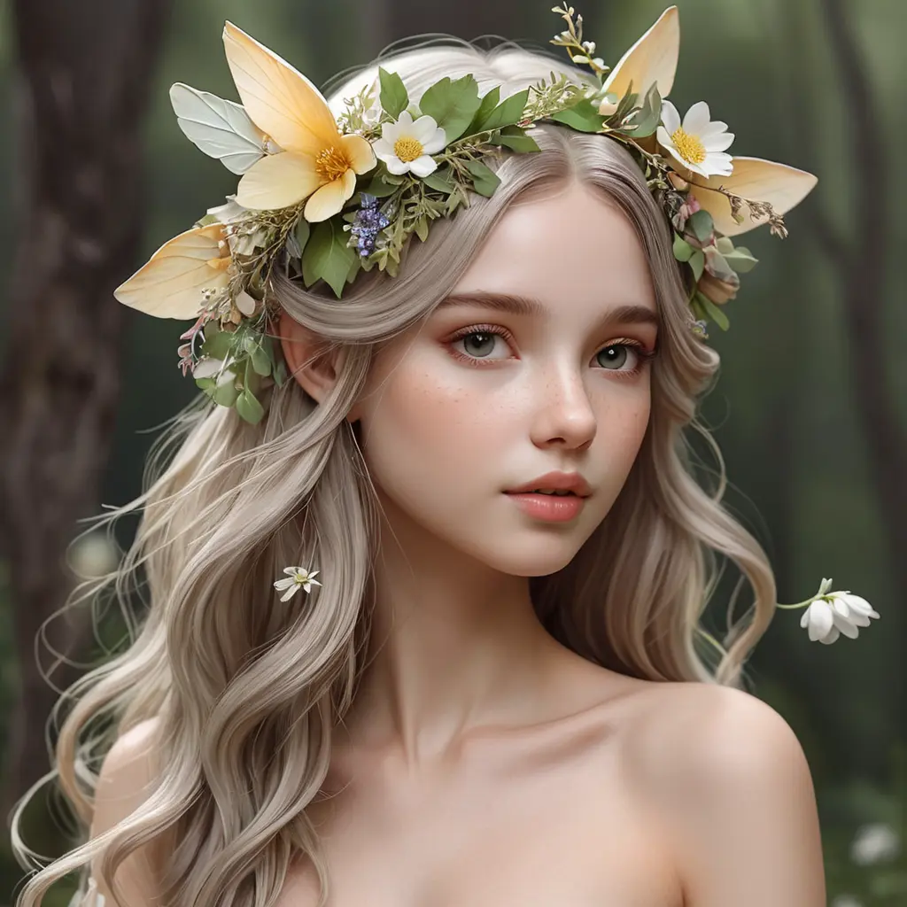 Whimsical woodland nymph with petal-soft skin and a garland of wildflowers, Highly Detailed, Half Body, Gorgeous, Stunning, Elegant by WLOP