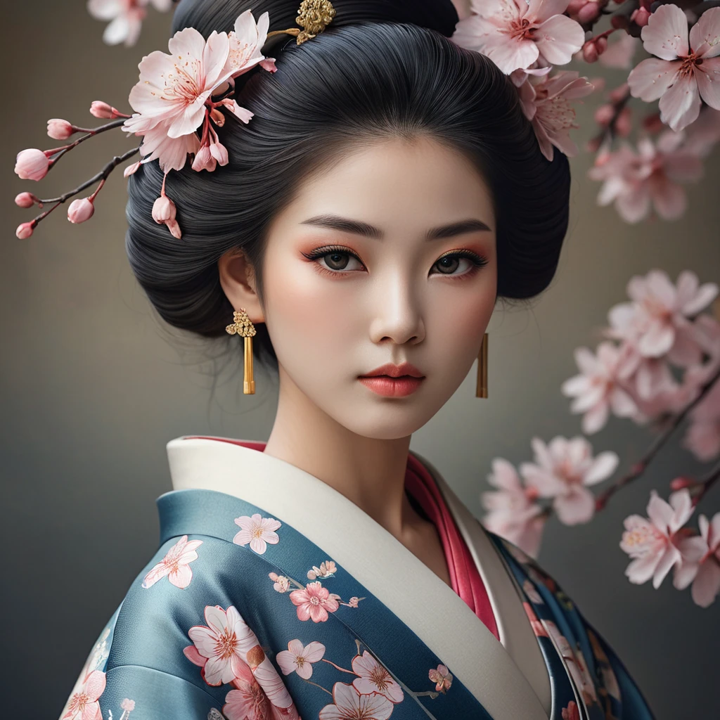 a serene and enigmatic Japanese geisha with intricate Sakura-patterned kimono and porcelain skin