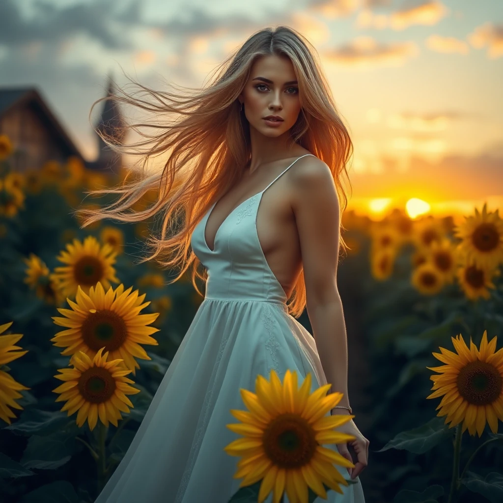 A stunning woman with flowing golden hair, standing in a field of sunflowers at sunset