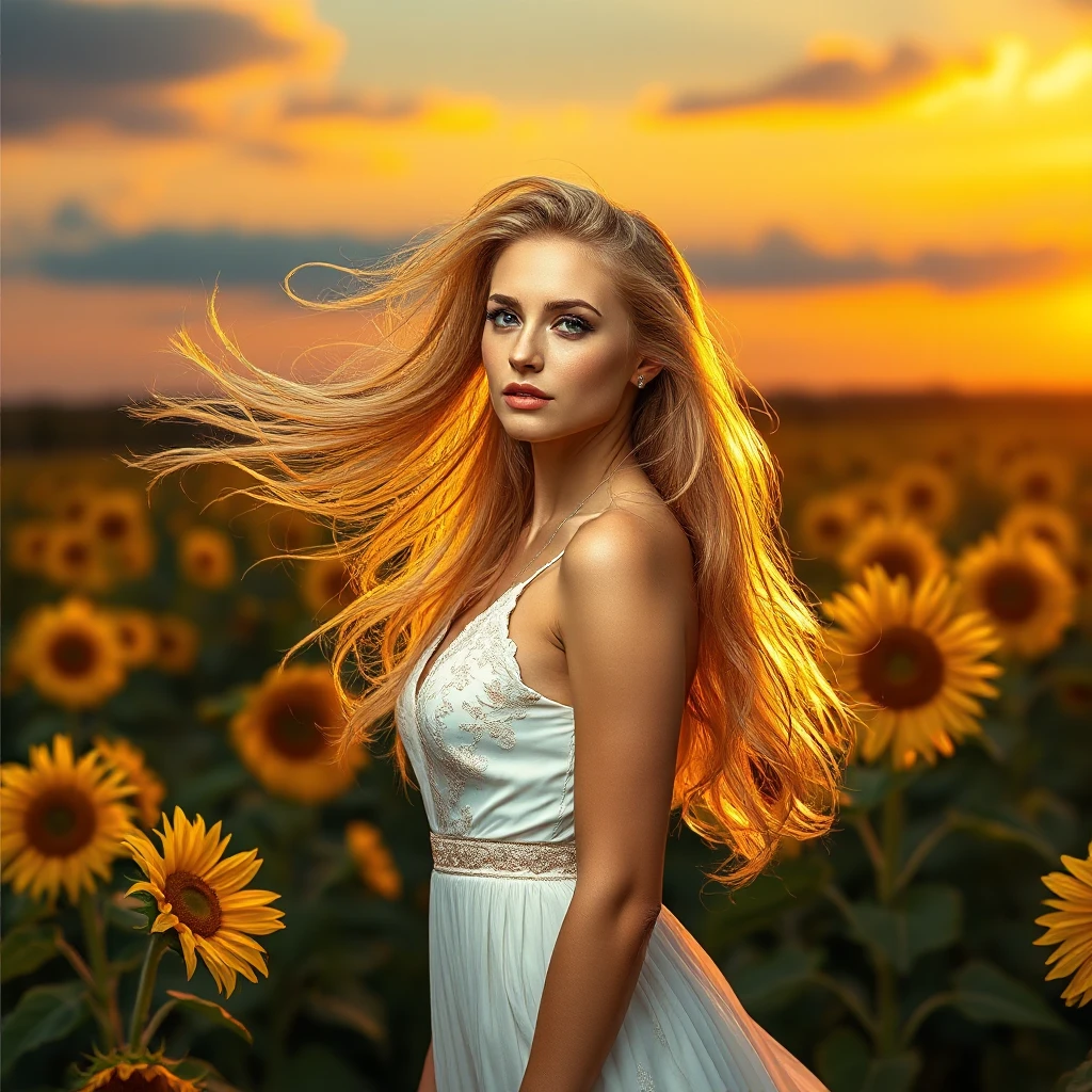 A stunning woman with flowing golden hair, standing in a field of sunflowers at sunset