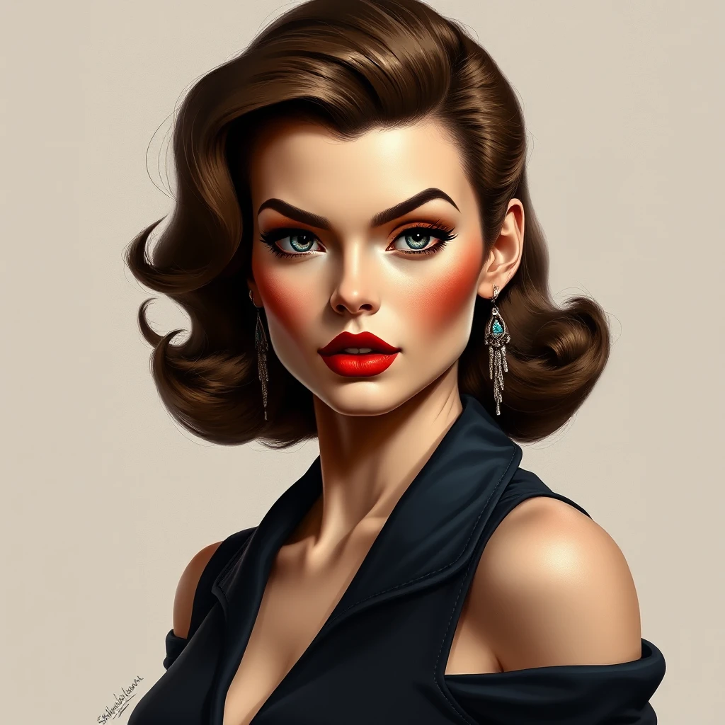 a confident, 1950s-style femme fatale with bold, crimson lips and a sultry gaze