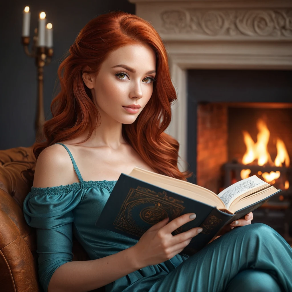 A mesmerizing woman with fiery red hair, sitting by a cozy fireplace with a book