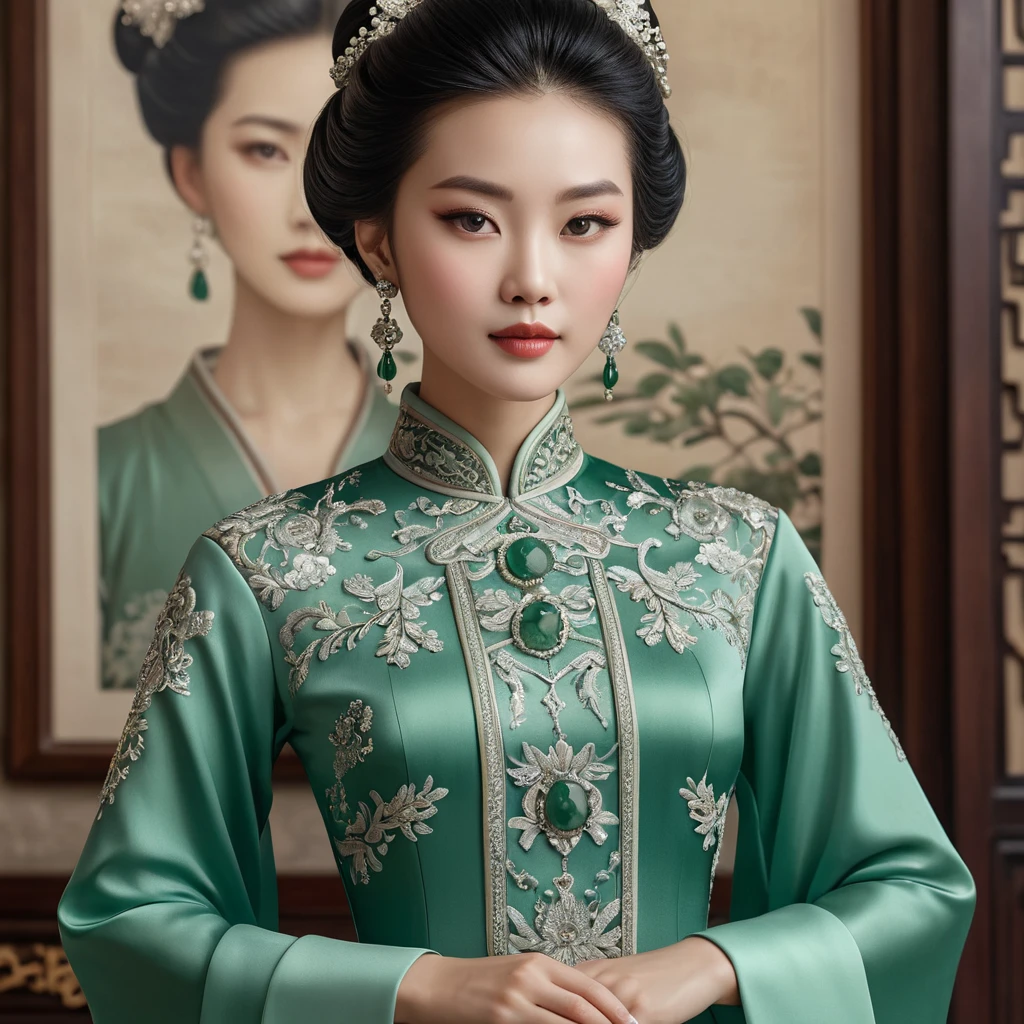 a poised and elegant Chinese empress with an exquisite, hand-beaded cheongsam dress and jade jewelry