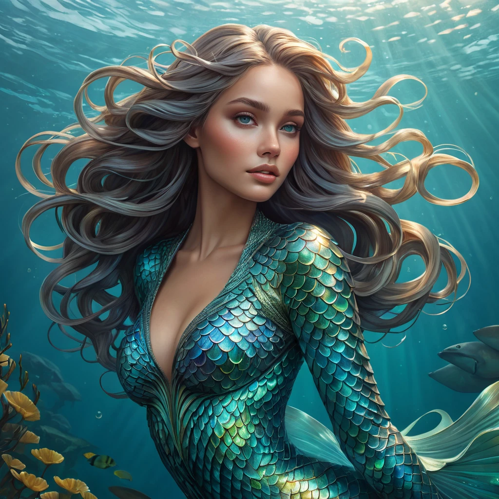 a mystical, dreamlike siren with iridescent scales and flowing locks of kelp, beneath a shimmering ocean surface