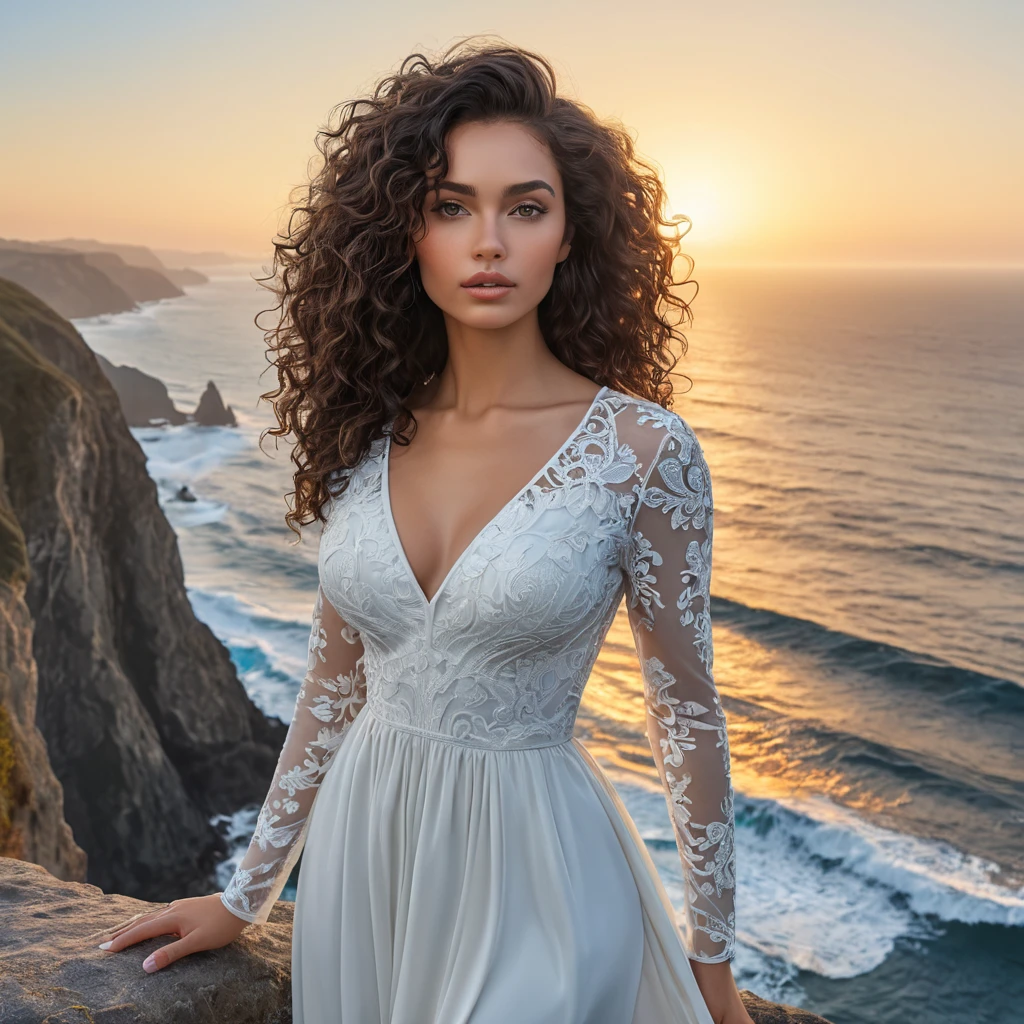 A breathtaking woman with curly dark hair, standing on a cliff overlooking the ocean at sunrise