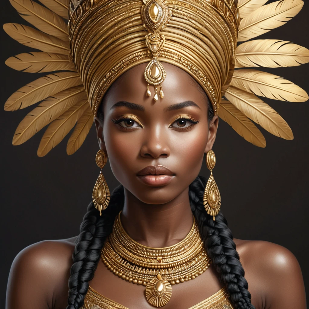 a striking African queen with regal, braided hair and a majestic gold headdress