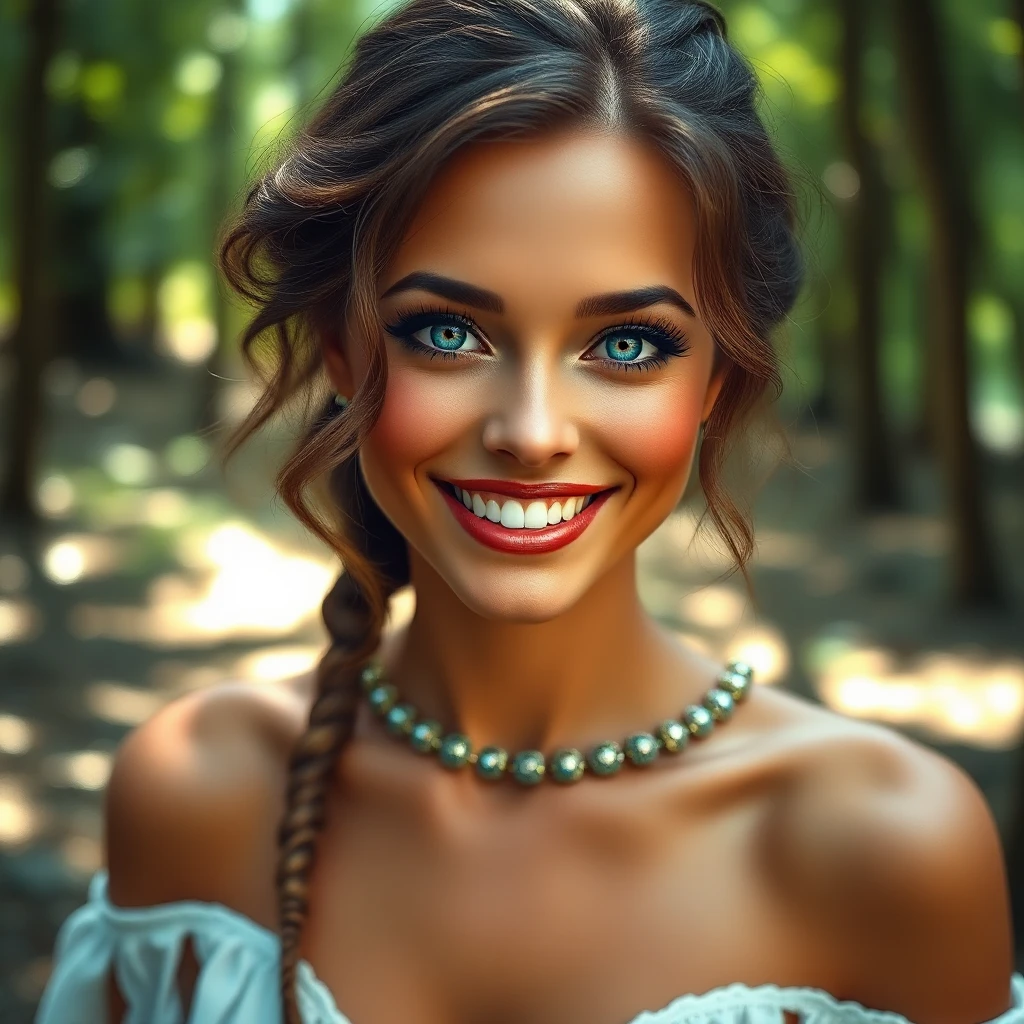 A radiant woman with piercing blue eyes, smiling warmly in a serene forest setting