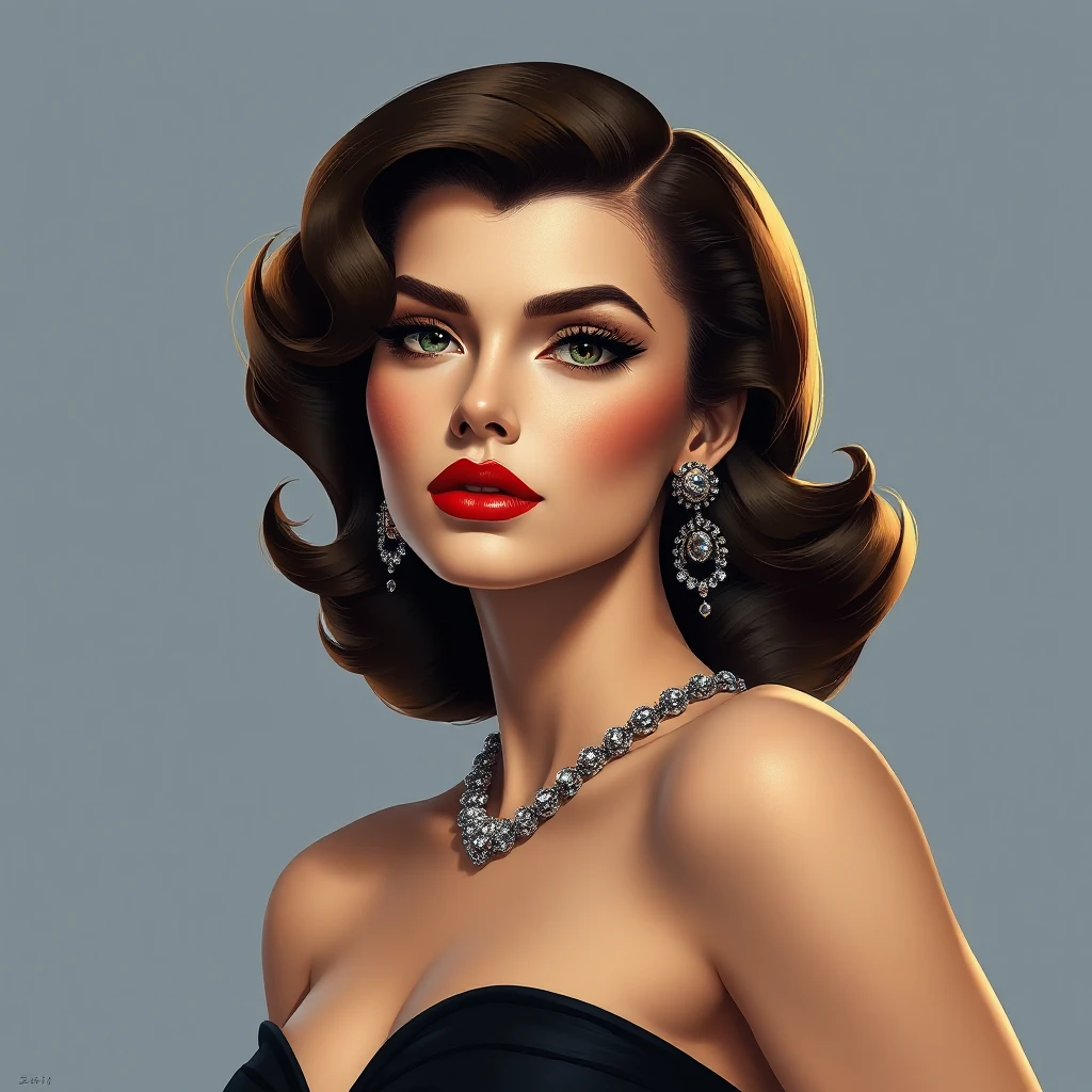 a confident, 1950s-style femme fatale with bold, crimson lips and a sultry gaze