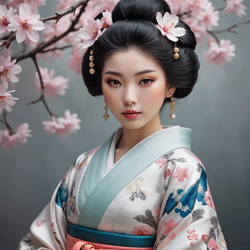 a serene and enigmatic Japanese geisha with intricate Sakura-patterned kimono and porcelain skin