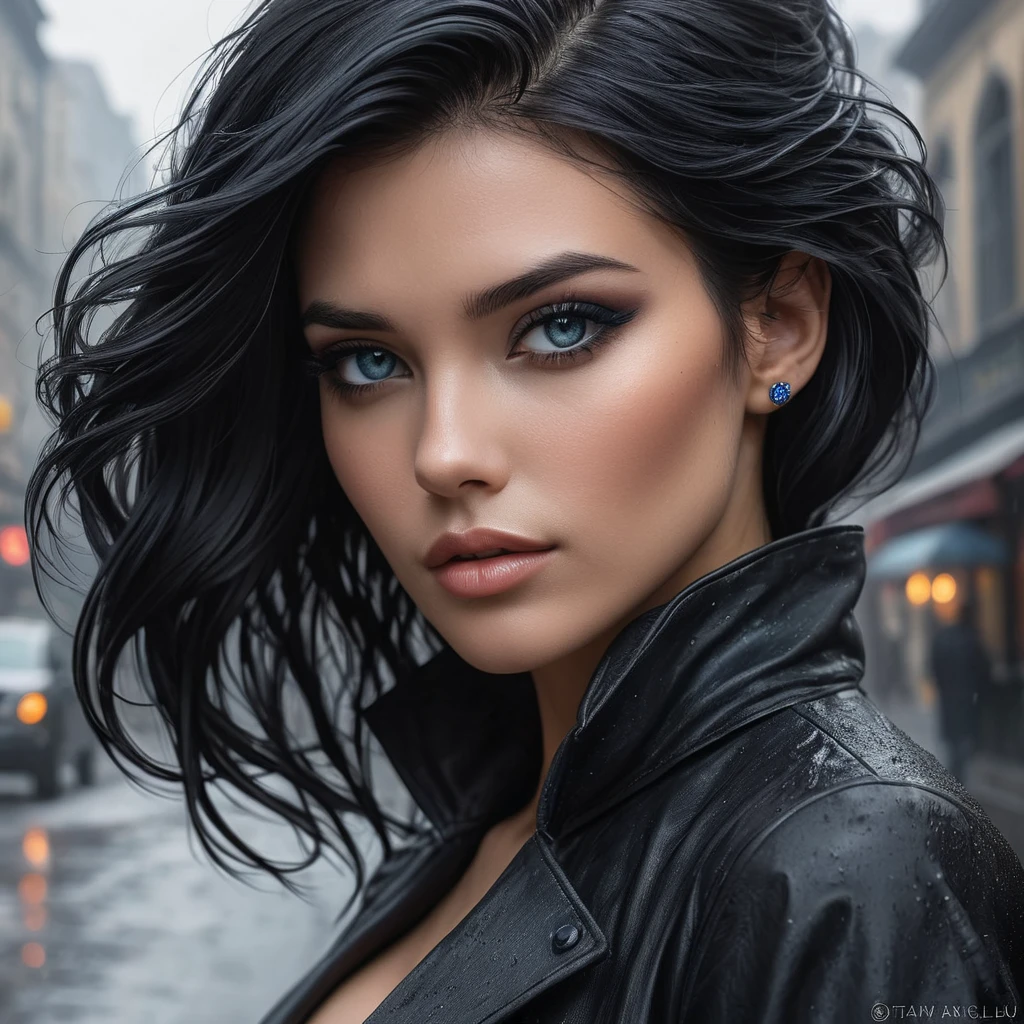 A mysterious and alluring femme fatale with piercing sapphire eyes and raven-black hair, shrouded in smoke and shadows on a rain-soaked city street