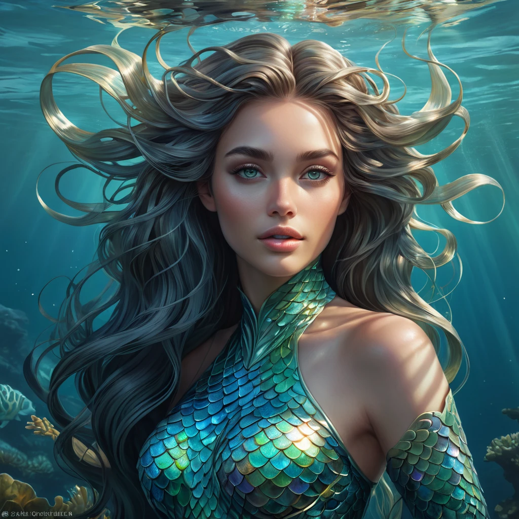 a mystical, dreamlike siren with iridescent scales and flowing locks of kelp, beneath a shimmering ocean surface