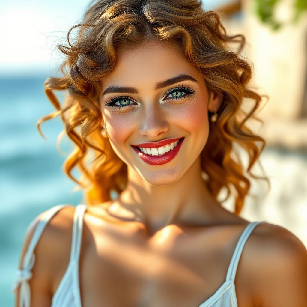 a bright, sun-kissed Mediterranean goddess with luscious, curly hair and a warm, inviting smile