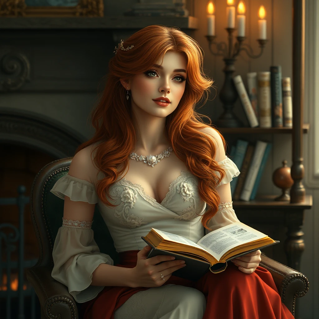 A mesmerizing woman with fiery red hair, sitting by a cozy fireplace with a book