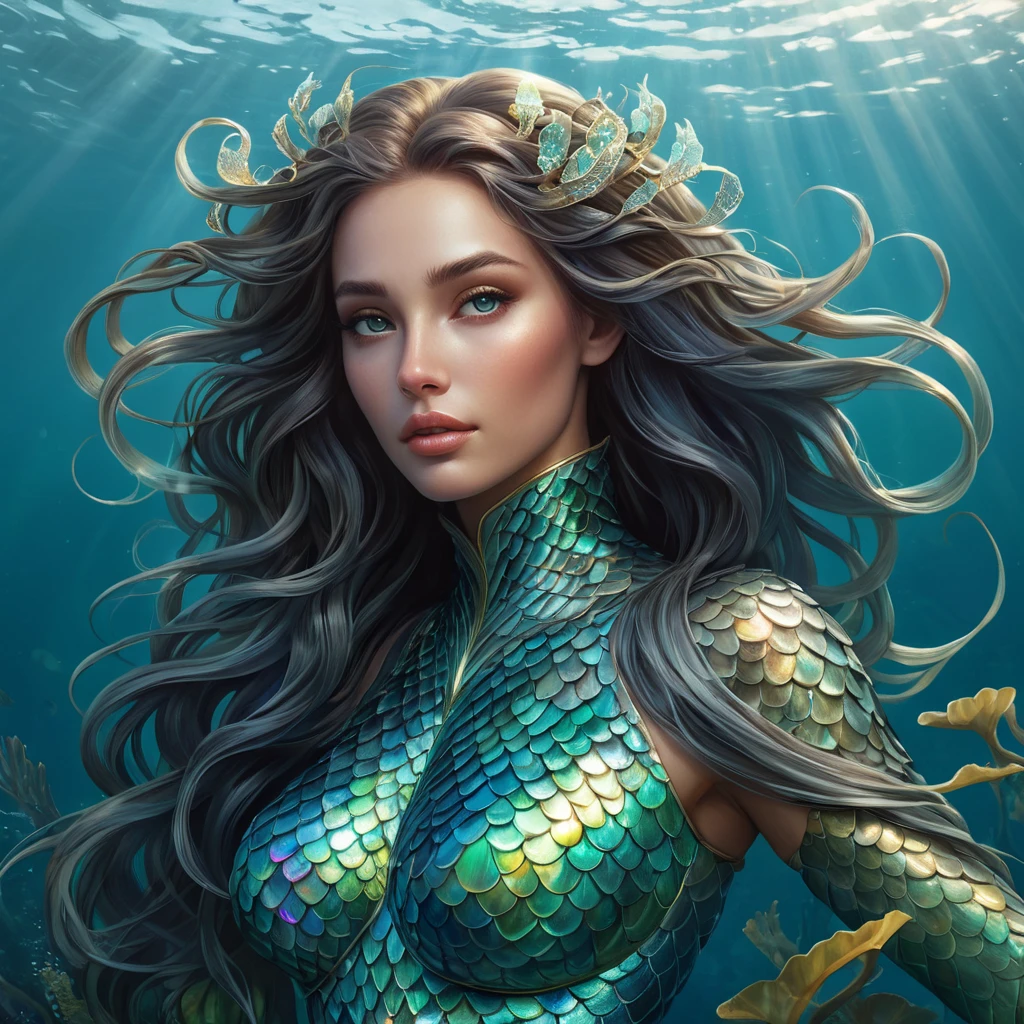 a mystical, dreamlike siren with iridescent scales and flowing locks of kelp, beneath a shimmering ocean surface