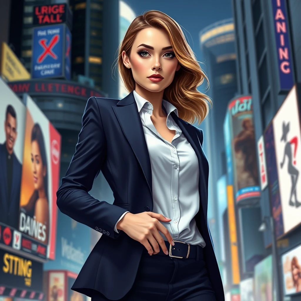 A confident woman in a sleek business suit, standing tall in a bustling cityscape