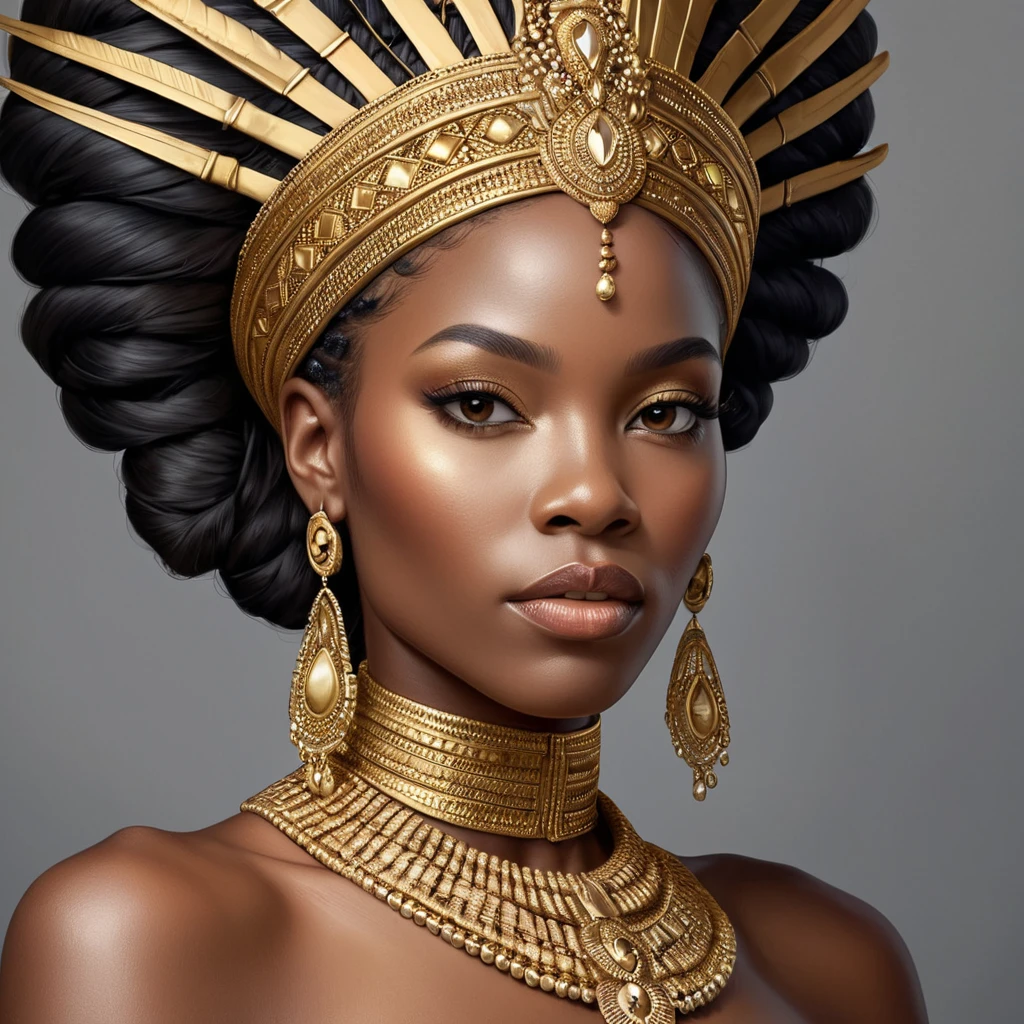 a striking African queen with regal, braided hair and a majestic gold headdress