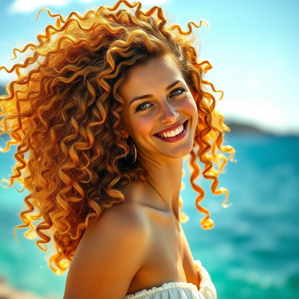 a bright, sun-kissed Mediterranean goddess with luscious, curly hair and a warm, inviting smile