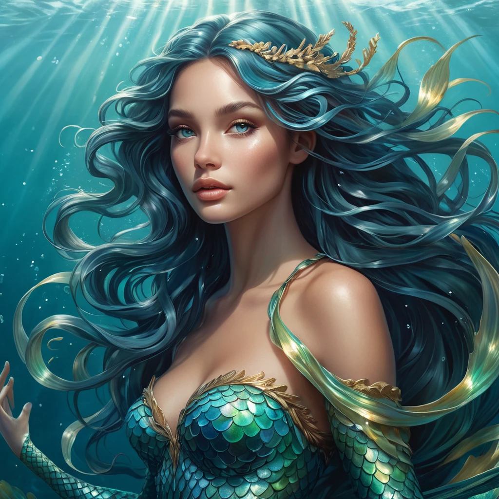 a mystical, dreamlike siren with iridescent scales and flowing locks of kelp, beneath a shimmering ocean surface