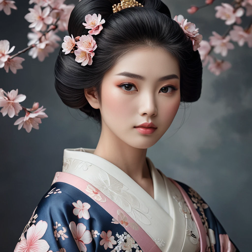 a serene and enigmatic Japanese geisha with intricate Sakura-patterned kimono and porcelain skin