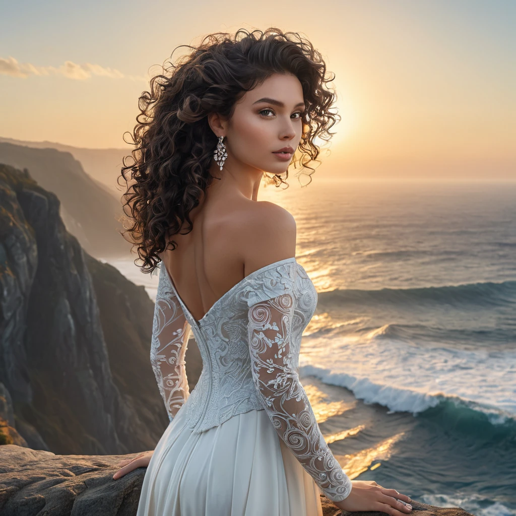 A breathtaking woman with curly dark hair, standing on a cliff overlooking the ocean at sunrise