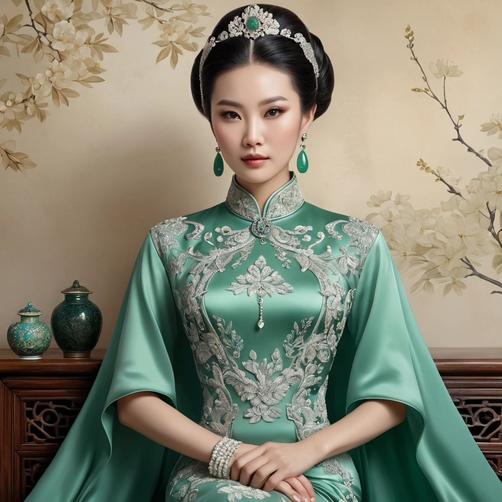 a poised and elegant Chinese empress with an exquisite, hand-beaded cheongsam dress and jade jewelry