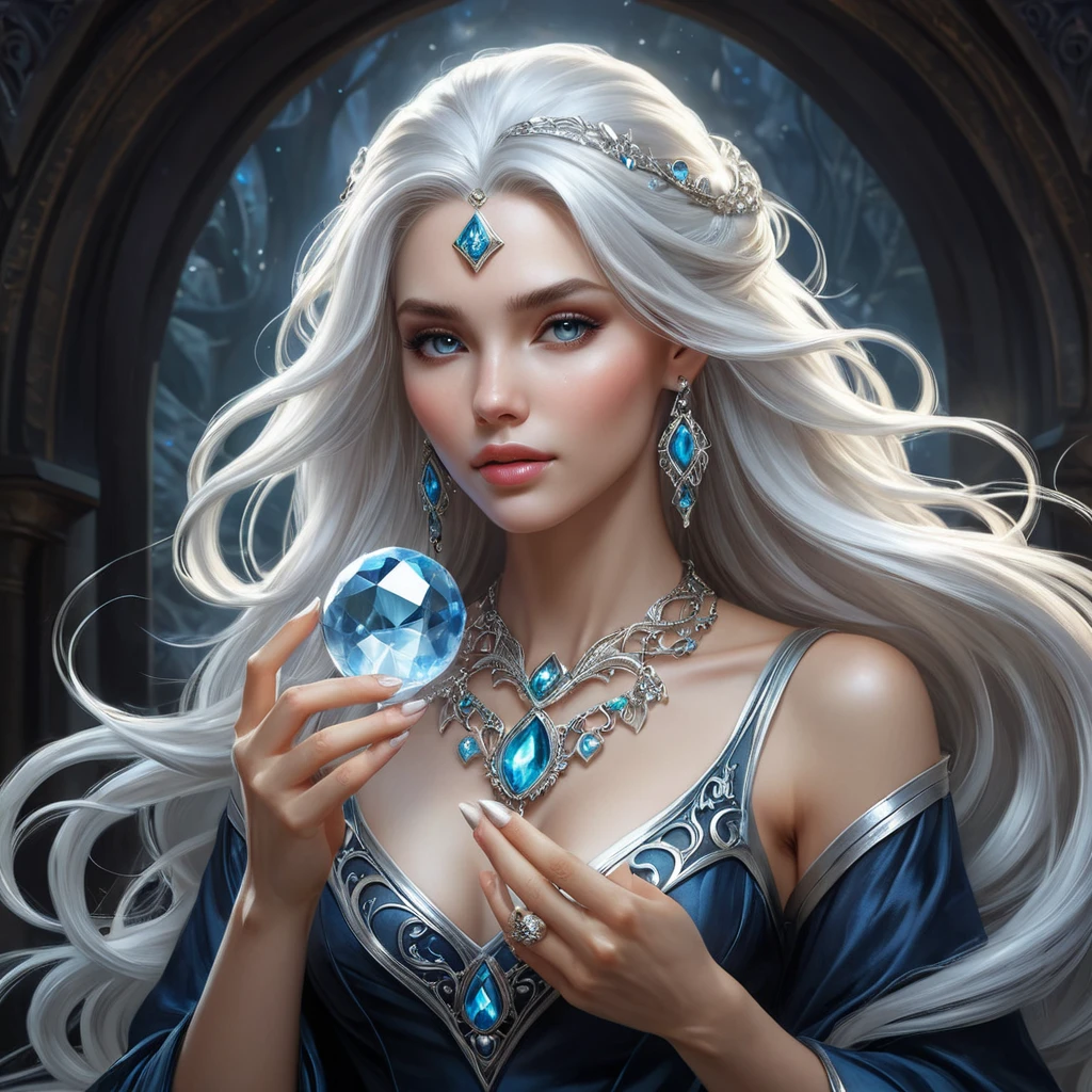 a mystical, moonlit sorceress with an enchanted crystal amulet and flowing silver locks