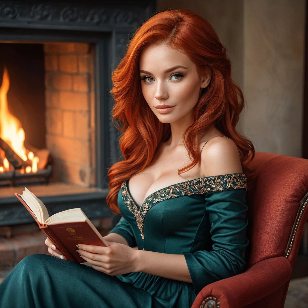 A mesmerizing woman with fiery red hair, sitting by a cozy fireplace with a book