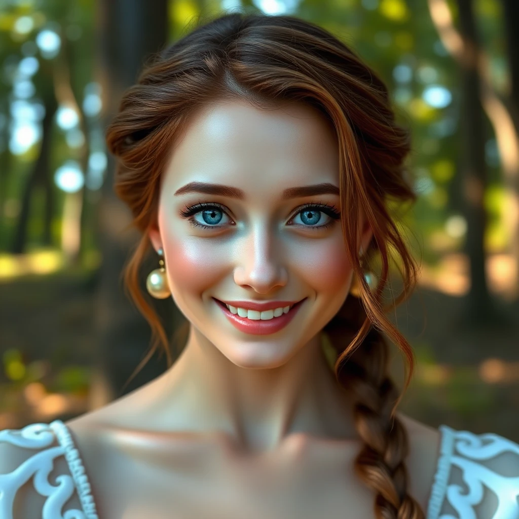 A radiant woman with piercing blue eyes, smiling warmly in a serene forest setting