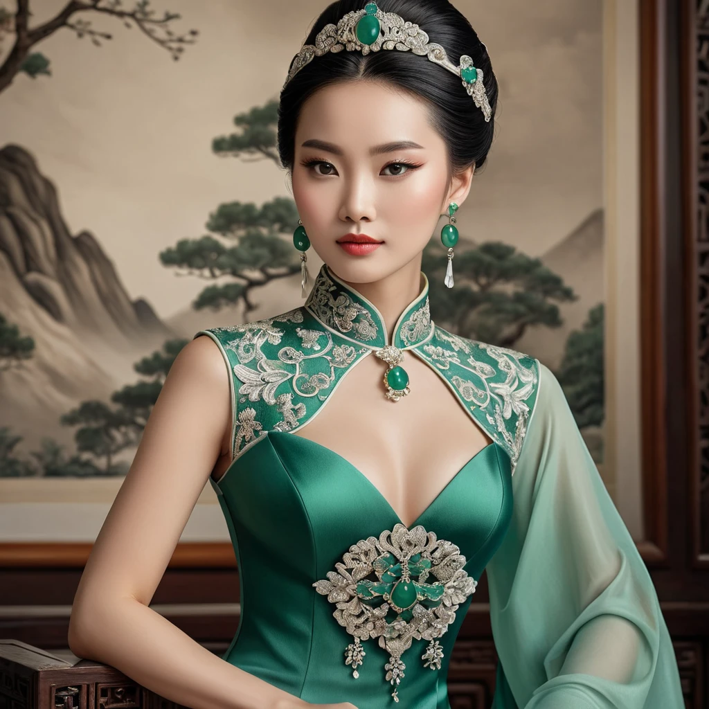 a poised and elegant Chinese empress with an exquisite, hand-beaded cheongsam dress and jade jewelry