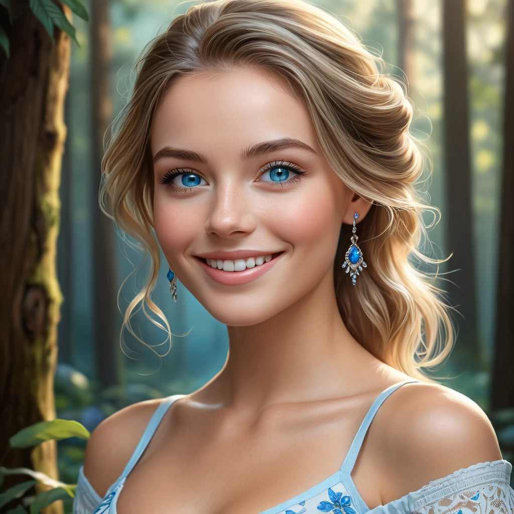 A radiant woman with piercing blue eyes, smiling warmly in a serene forest setting