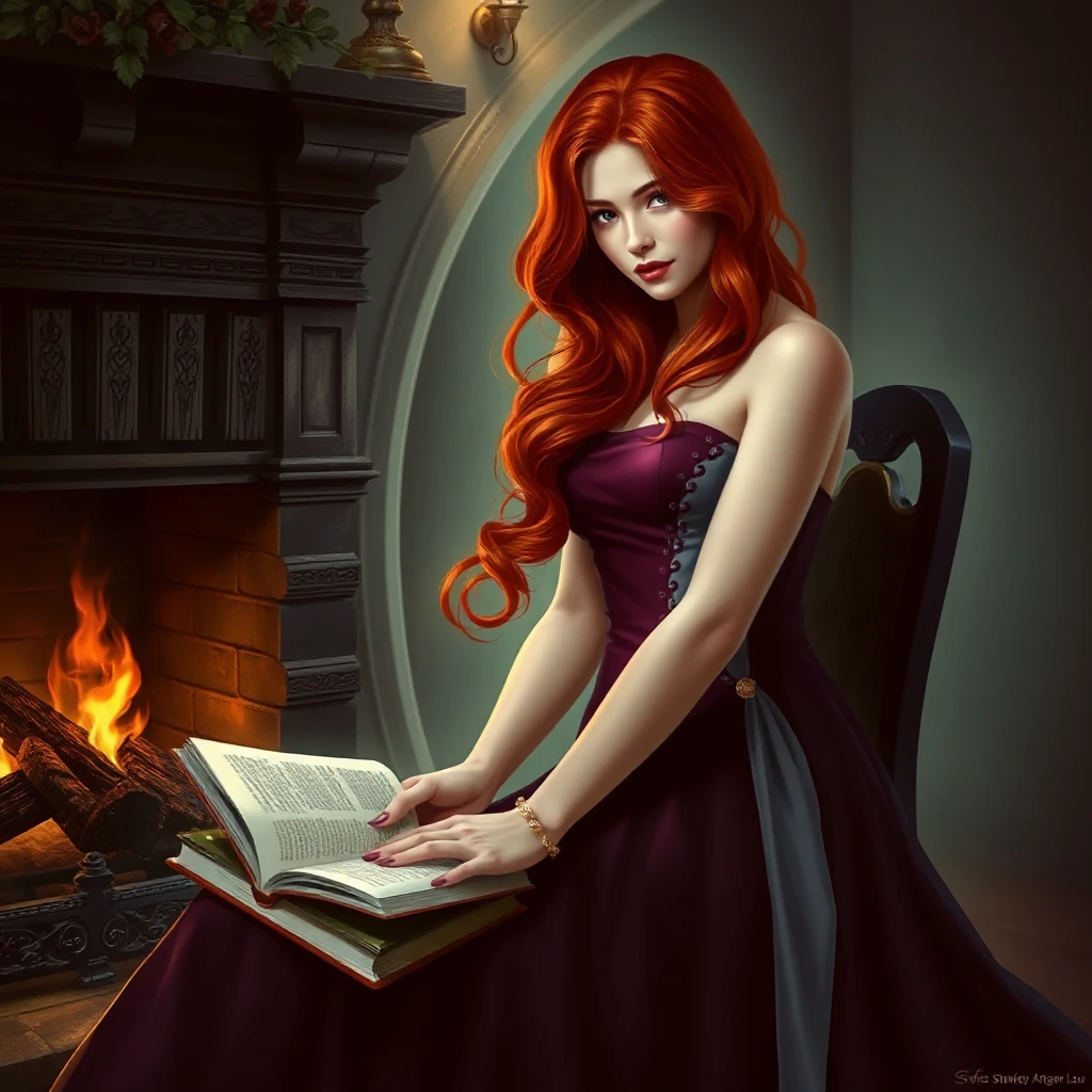 A mesmerizing woman with fiery red hair, sitting by a cozy fireplace with a book