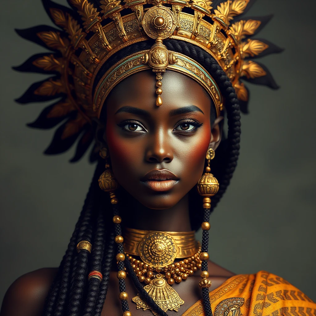 a striking African queen with regal, braided hair and a majestic gold headdress