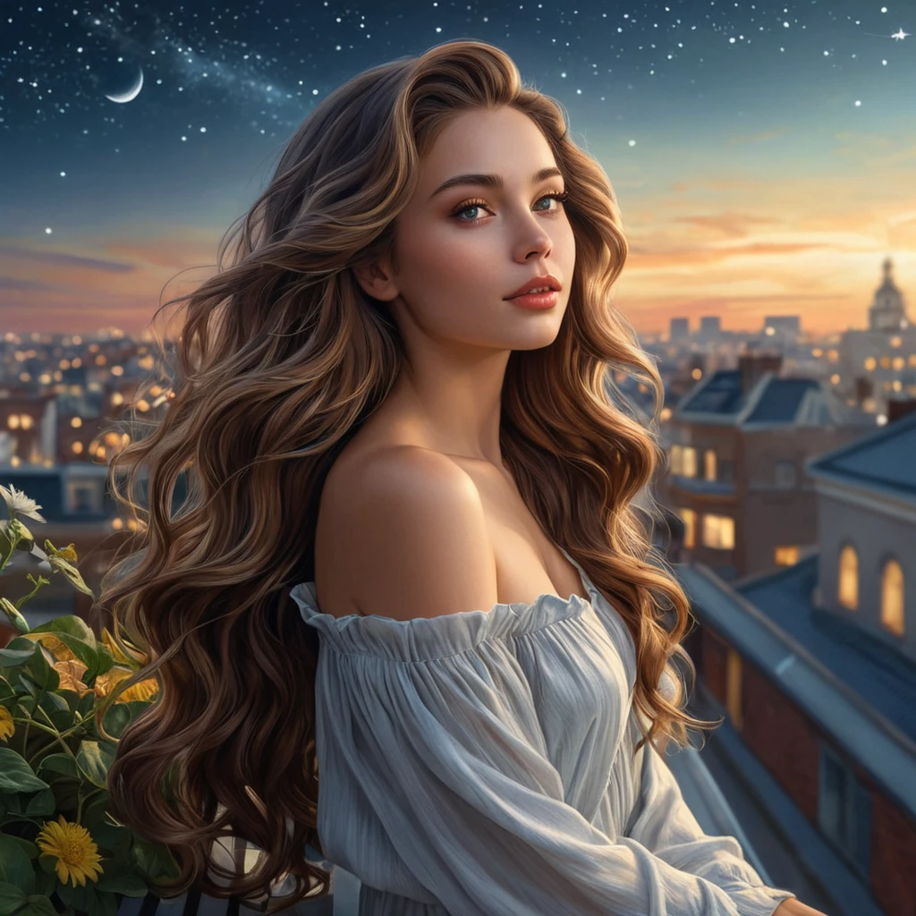 A captivating woman with long, wavy hair, gazing at the stars from a rooftop garden