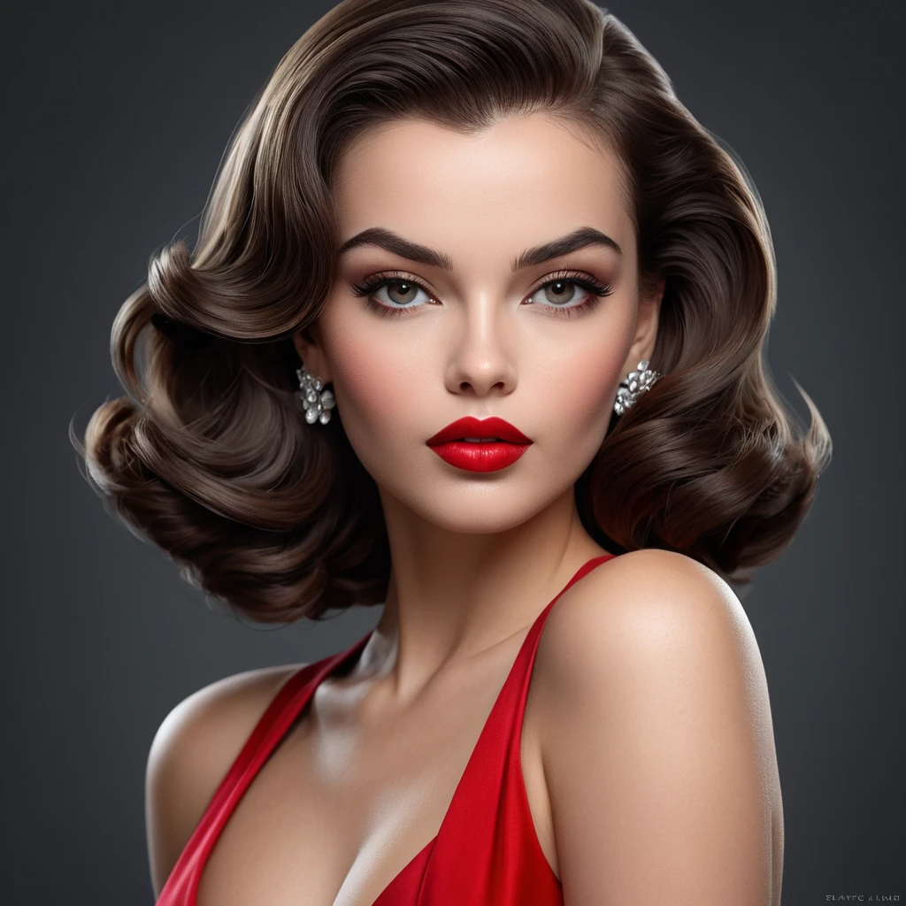 a confident, 1950s-style femme fatale with bold, crimson lips and a sultry gaze