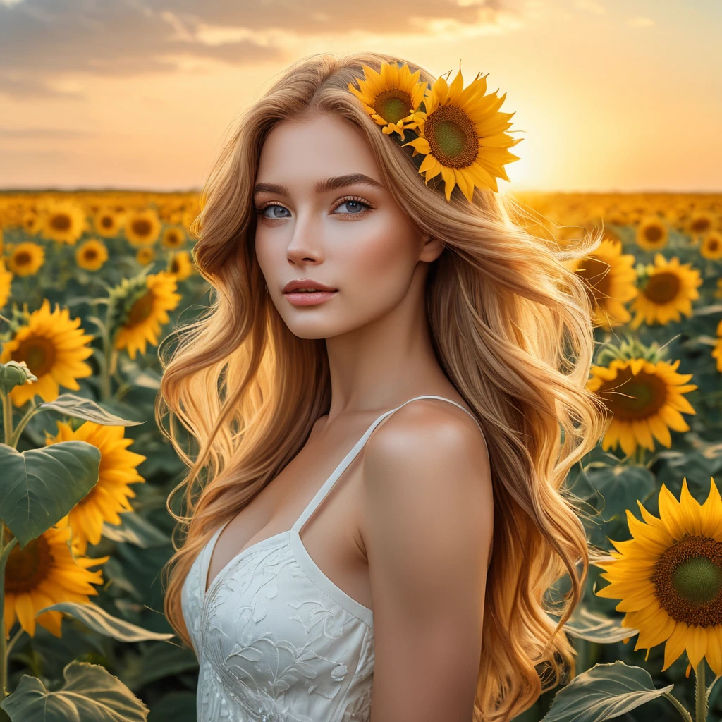 A stunning woman with flowing golden hair, standing in a field of sunflowers at sunset