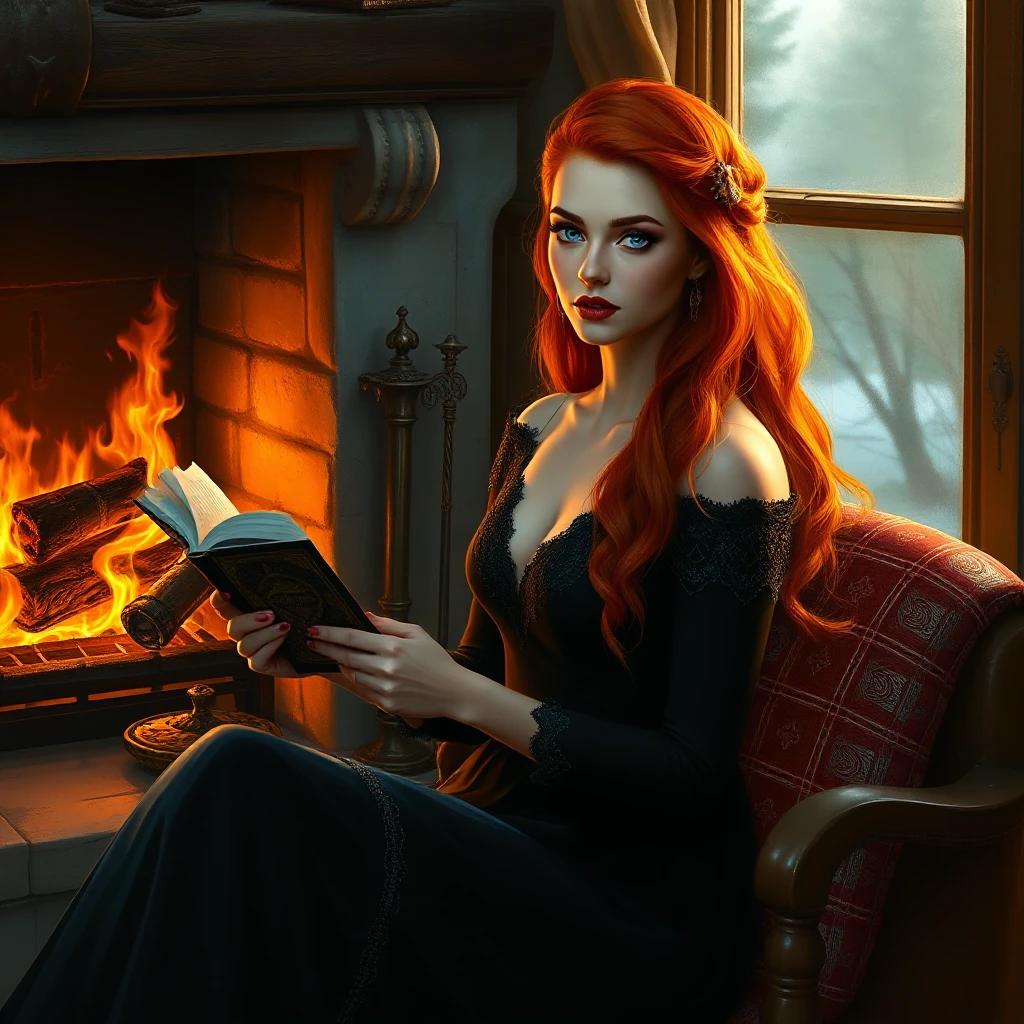 A mesmerizing woman with fiery red hair, sitting by a cozy fireplace with a book