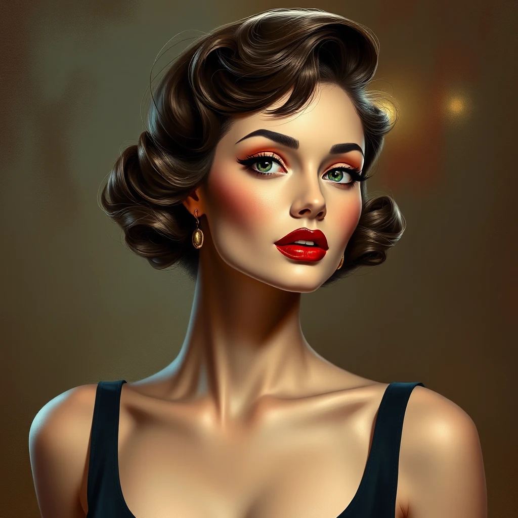 a confident, 1950s-style femme fatale with bold, crimson lips and a sultry gaze