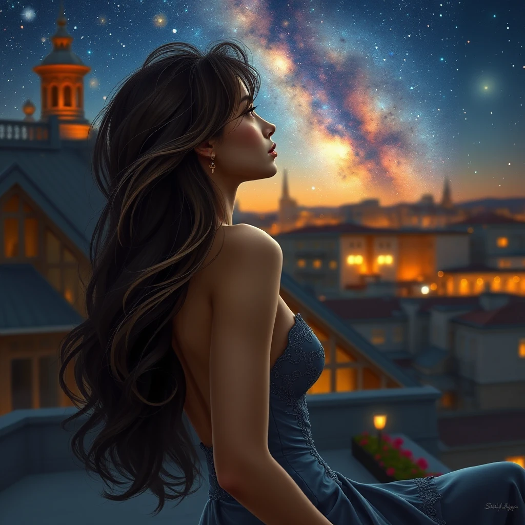 A captivating woman with long, wavy hair, gazing at the stars from a rooftop garden