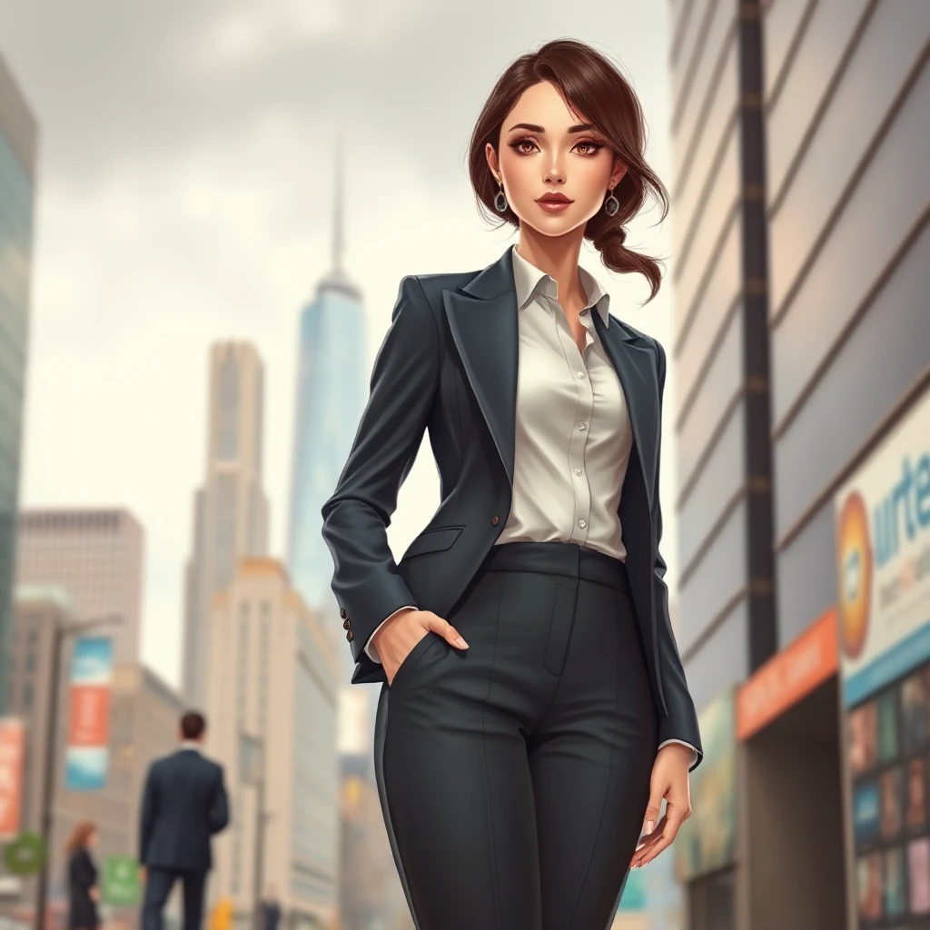 A confident woman in a sleek business suit, standing tall in a bustling cityscape