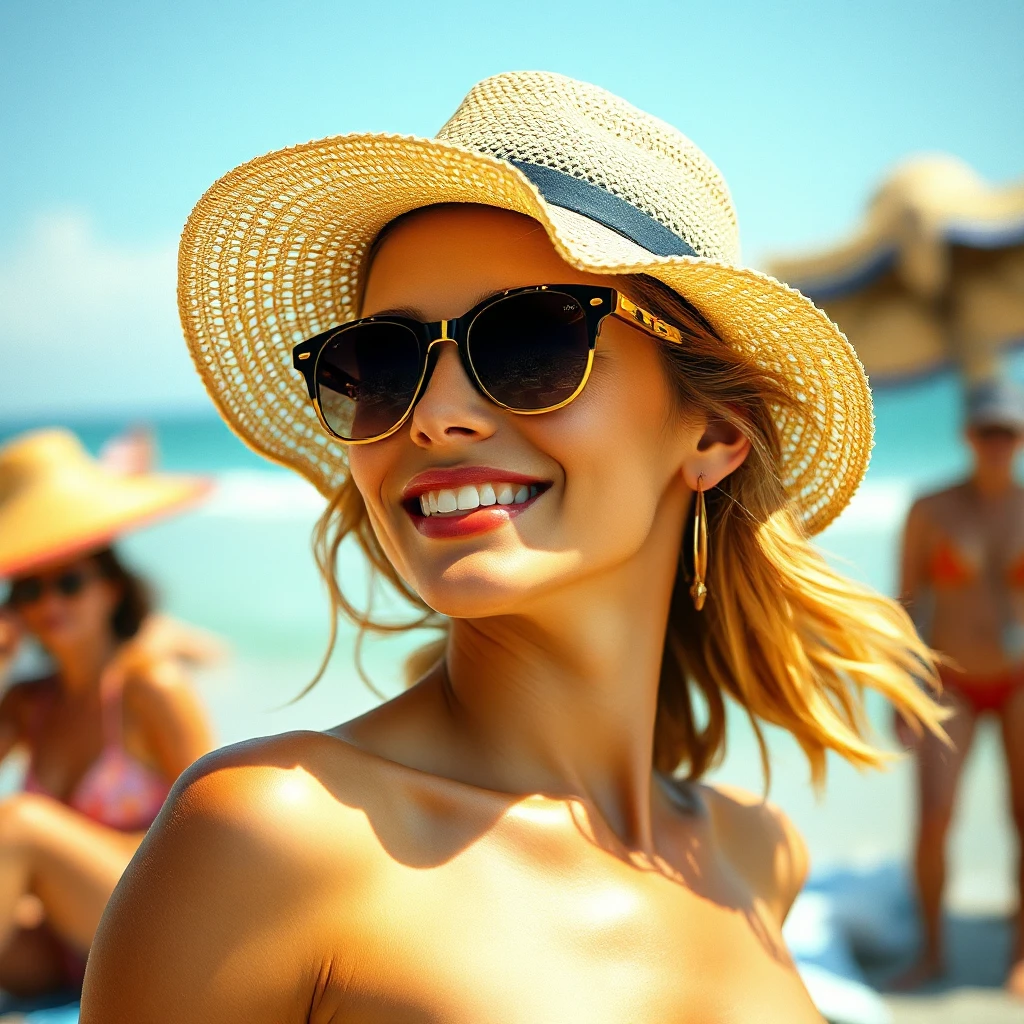 A charming woman with a playful smile, enjoying a sunny day at the beach