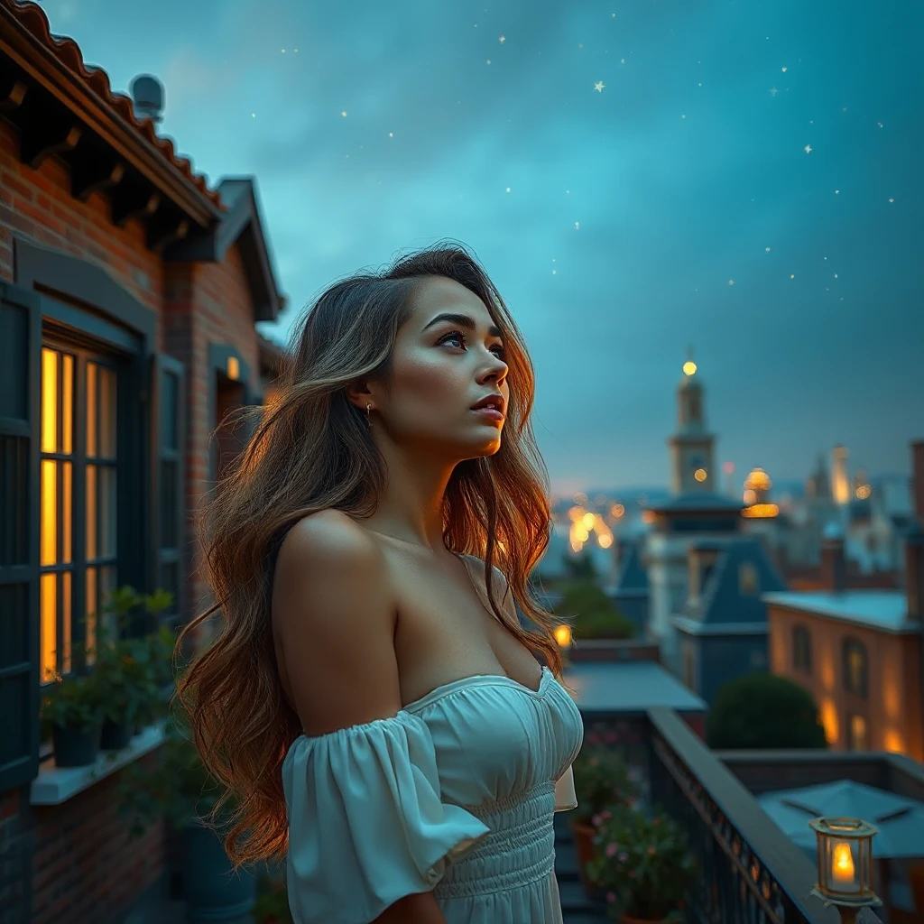 A captivating woman with long, wavy hair, gazing at the stars from a rooftop garden