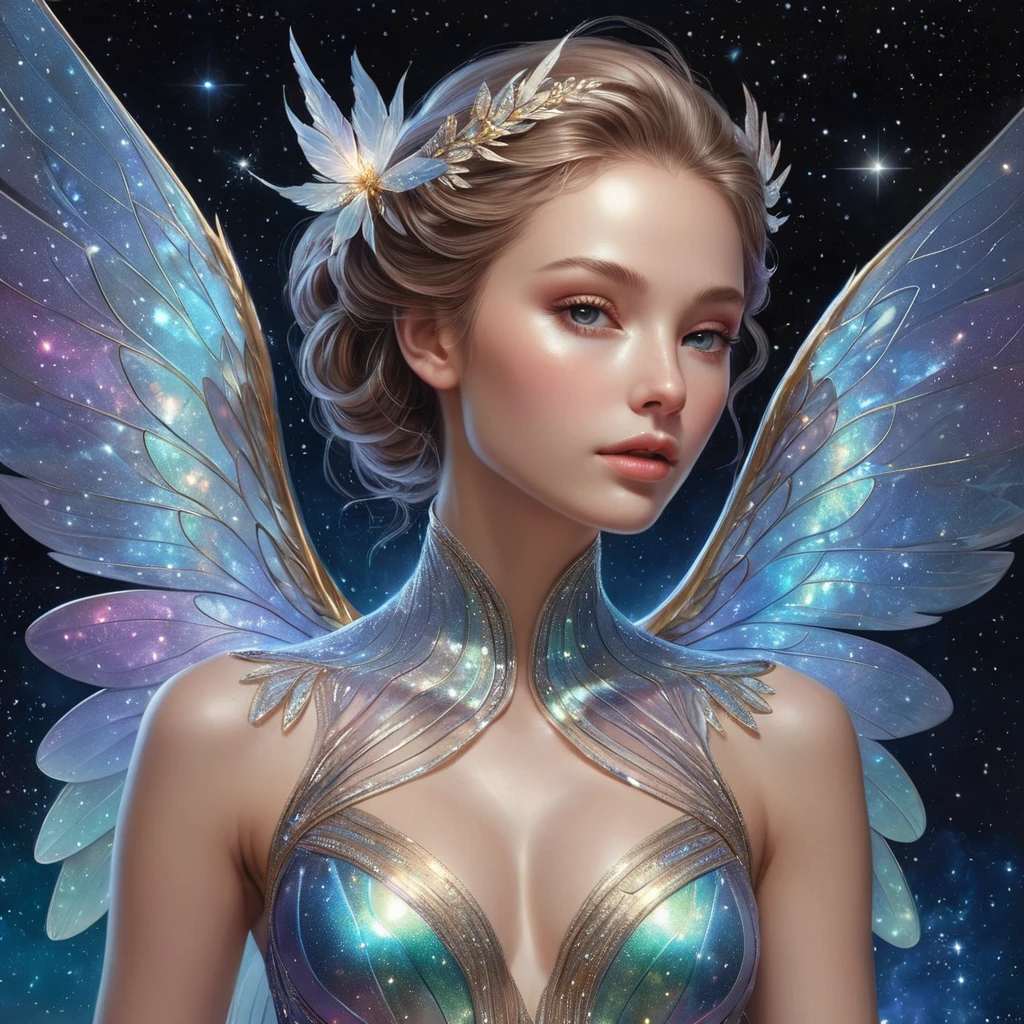 a celestial being with radiant, shimmering skin and delicate iridescent wings, surrounded by stardust