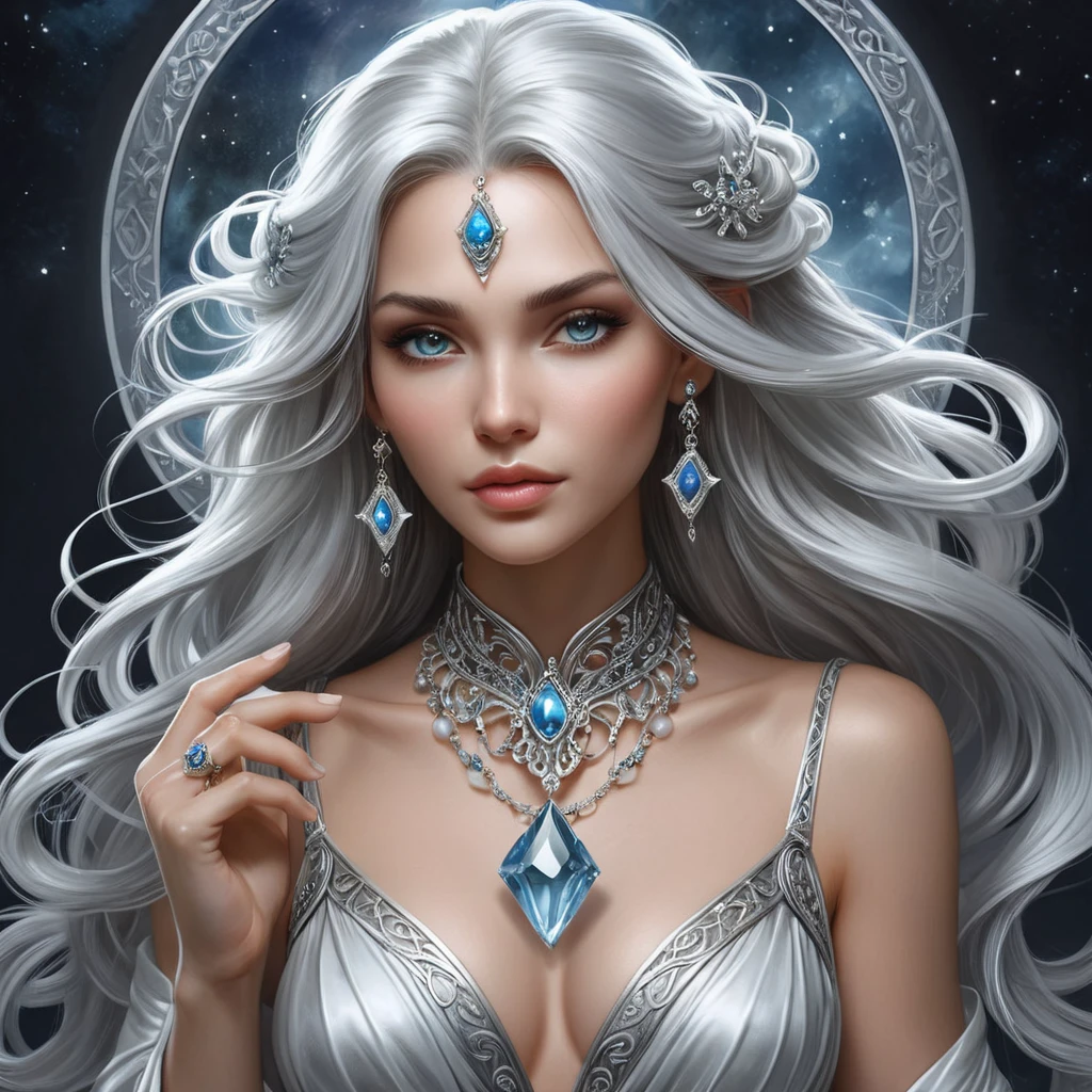 a mystical, moonlit sorceress with an enchanted crystal amulet and flowing silver locks