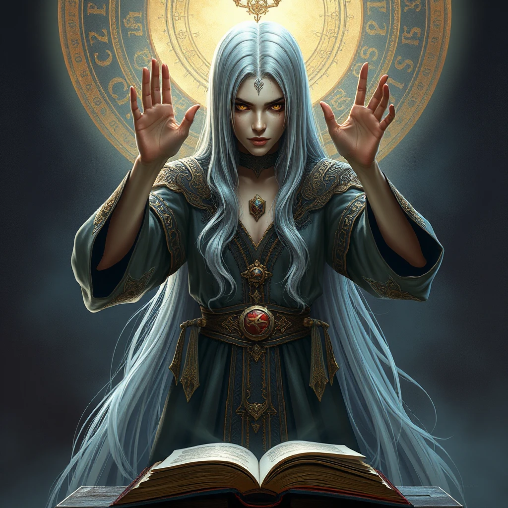 An ancient sorceress with silver hair reaching her waist, wearing robes that swirl with patterns of ancient runes and arcane symbols, her hands poised above an open tome as if preparing to cast a powerful spell.