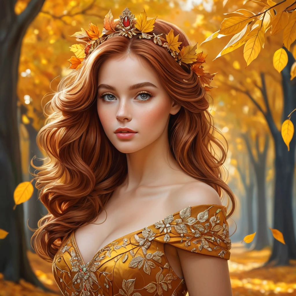 Autumn princess with auburn hair crowned by golden leaves, her dress a swirl of fall colors, in a forest of red and orange trees